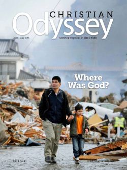 Cover of the April-May Christian Odyssey, showing a man and son walking through rubble in Japan
