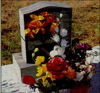 a gravestone with flowers put in front of it